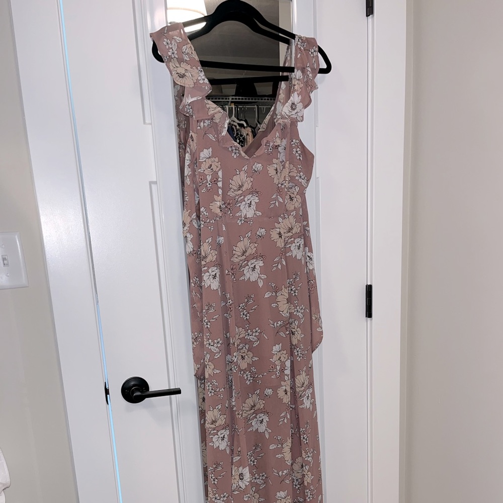Long mauve-pink dress with light pink and white floral accents.